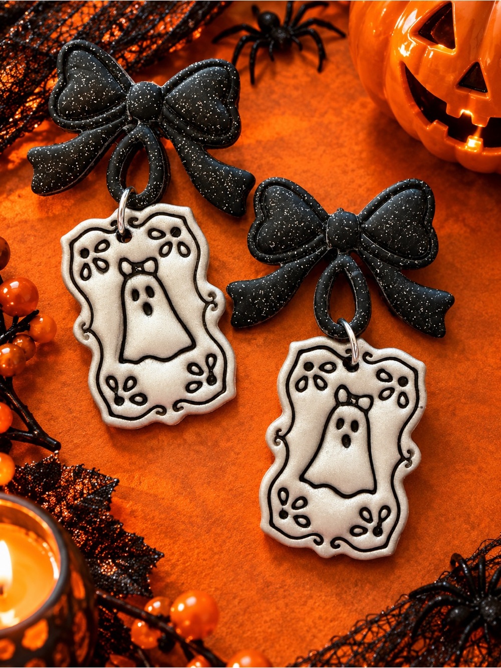 Handmade Polymer Clay Halloween Ghost Bow Dangle Earrings